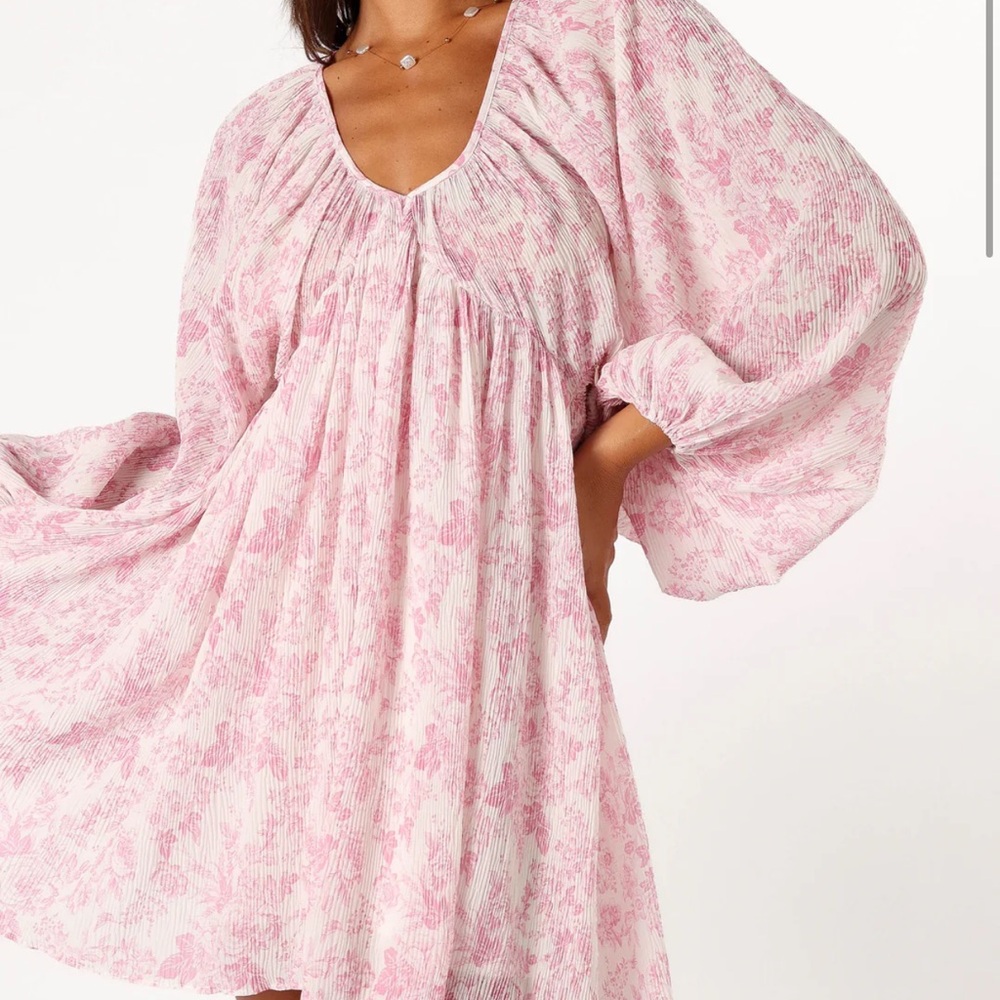 Pink and White Long Sleeve Floral Dress